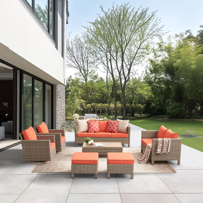 Ensemble de conversation pour patio 7 pièces en osier avec chaises pivotantes, Orange