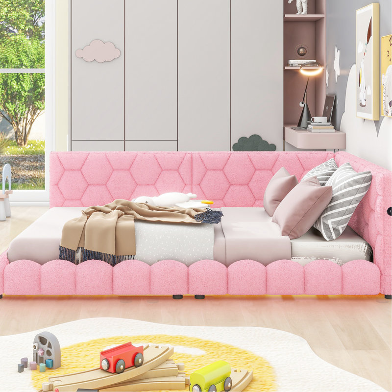 Lit plateforme double rembourré avec et DEL, bois de rose +, aucun sommier nécessaire, guide d'assemblage rapide, ceinture à DEL, fabrication solide des lattes de matelas solides, méthode simple