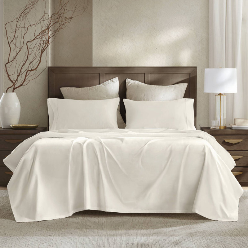 4 Pieces Sateen Sheet Set, King Sheet Set with 2 Pillowcases, Ivory