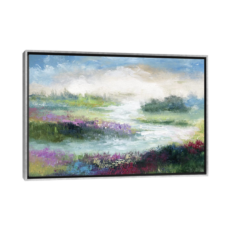 «Pastoral Meadow» par Nan - reproduction imprimée, Encadrement argenté, H 26 po x l 40 po x P 1,5 po