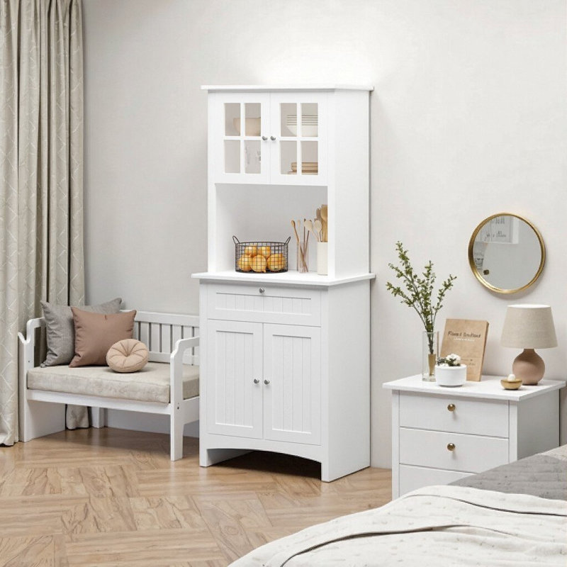 Elegant White Buffet with Hutch - Kitchen Storage Cabinet w/ Glass Doors, Microwave Space & Safety Anti-Tip Device, White
