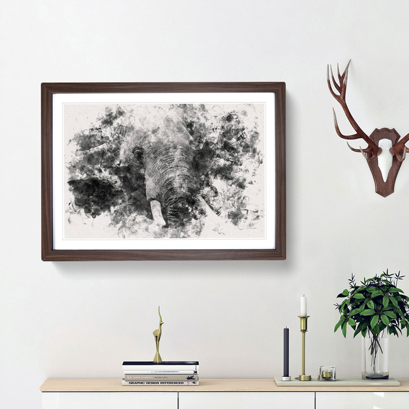 African Elephant Watercolour - Single Picture Frame Print on MDF, Walnut Framed, 62cm H x 87cm W x 2cm D