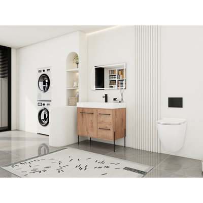 Meuble-lavabo moderne de 36 po avec 2 tiroirs, lavabo en résine blanche et charnières à fermeture en douceur - créez un lavabo autoportant élégant, imitant la couleur chêne pour rehausser votre décor