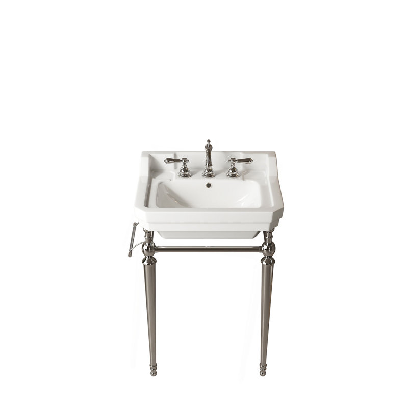 Lavabo de console de salle de bain 23 po, meuble-lavabo mural en céramique blanche avec 3 trous de robinet pré-percés, pieds de support autoportants en acier inoxydable avec barre à serviettes, sans robinet ni couvercle de lavabo