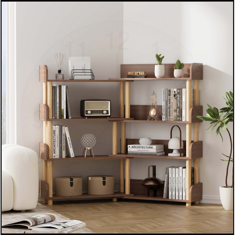 4 Tier Retractable & Rotatable Corner Bookcase, Wooden Storage Rack for Books, CDs, and Decor, Rustic Brown Organizer Shelves