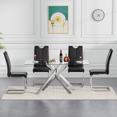 Glass Dining Table Set, Modern Glass Kitchen Table and Chairs, Dining Room Table Set with 51" Glass Dinner Table & Faux Leather Chairs for Small Space by Mercer41