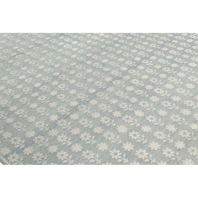 Rug & Kilim’S Modern Block Print Rug In Blue With White Floral Patterns, Rectangle 8' x 10'