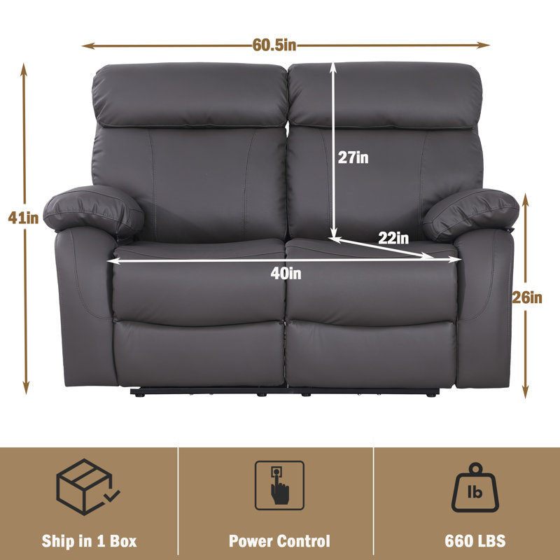  Edder 60.5"W Power Reclining Sofa With USB Ports & Deep Seat, Gray