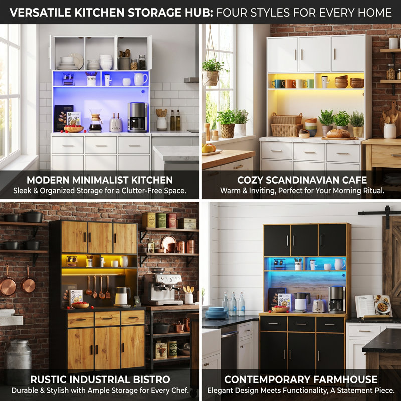 100cm W Large Freestanding Kitchen Cabinet & Microwave Stand with App-Controlled LED & Sockets, Multi-Tier Drawer Pantry Cupboard, Modern Wood