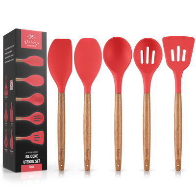 Ensemble 5 pièces d'ustensiles antiadhésifs en silicone avec poignées en bois d'acacia Zulay