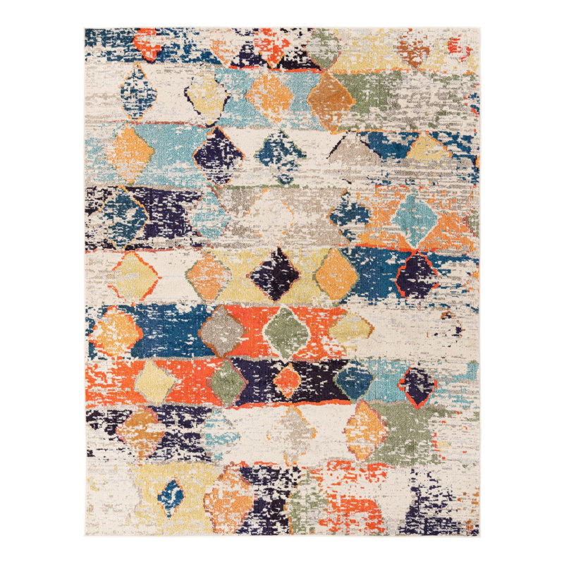 Tapis abstrait beige / bleu / orange , Rectangle 7 pi 10 po x 10 pi