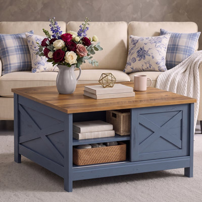 Farmhouse Square Lift-Top Coffee Table With Sliding Doors And Shelf
