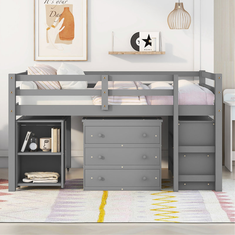 Lit mezzanine double bas avec cabinet, tablettes et bureau portatif à roulettes, lit multifonctionnel, Gris
