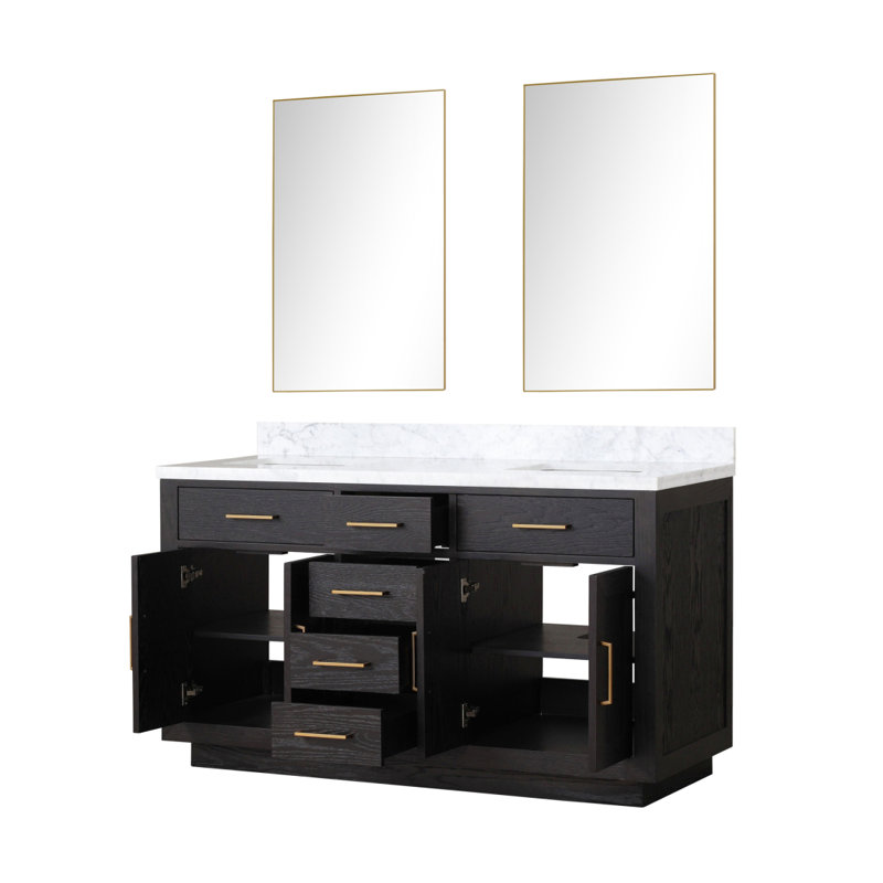 Meuble-lavabo double en chêne noir 60 po X P 22 po D, plateau en marbre de Carrare et Miroirs, Noir / Carrare