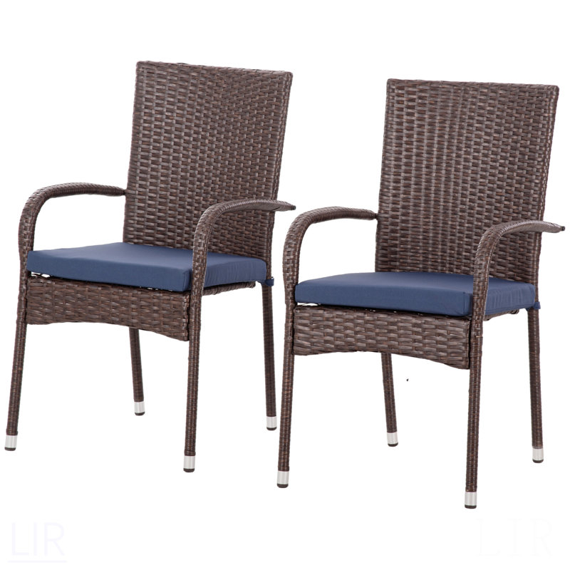 Stackable PE Rattan Outdoor Dining Chairs With Cushions, Set Of 2 Patio Wicker Dining Chairs With Armrests And Backrest For Patio, Deck, Cream White, Chair