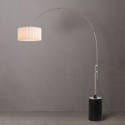 Lampe en arc Tambo 92 po - Mid-Century moderne, acier nickel satiné, base en chêne noir, abat-jour tambour en lin blanc, à intensité variable, ampoule incluse