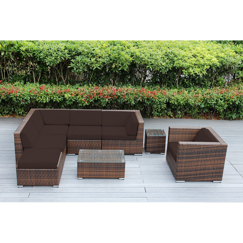 Ensemble de conversation en osier pour 6 personnes avec coussins - aucun assemblage, Toile toile Sunbrella® charbon