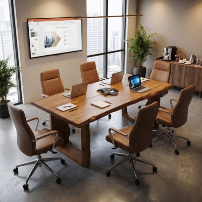 63" Solid Wood Farmhouse Office Table, 6-Person Meeting Desk, Professional Workstation for Home Office & Studio