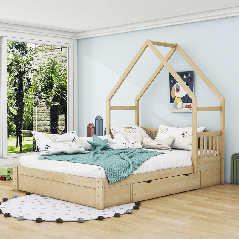 Lit plateforme avec rangement Nehring, Naturel