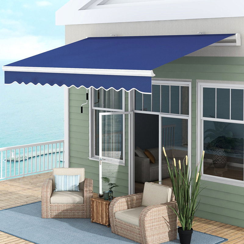 Patio Awnings 13' X 8'. & Water-, Manual Operated Crank, Aluminum Frame, Dark Blue For Various Surfaces 8' Retractable Yard Awning - Blue. Water- Fabric. Crank. Frame. Deck, Balcony Compatible.