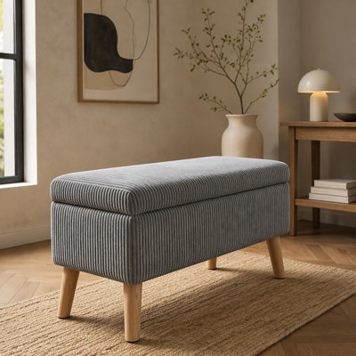 32 inch Wide Olive Grey Corduroy Storage Ottoman Bench with Wooden Legs, Flip-Top Storage Box, Soft Upholstered End of Bed Bench, Footrest & Shoe Bench for Bedroom, Living Room, Entryway