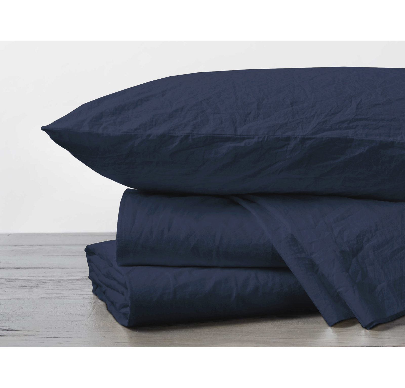 Organic Crinkled Percale Cotton Sheet Set, Queen Sheet Set with 2 Pillowcases, Indigo Chambray
