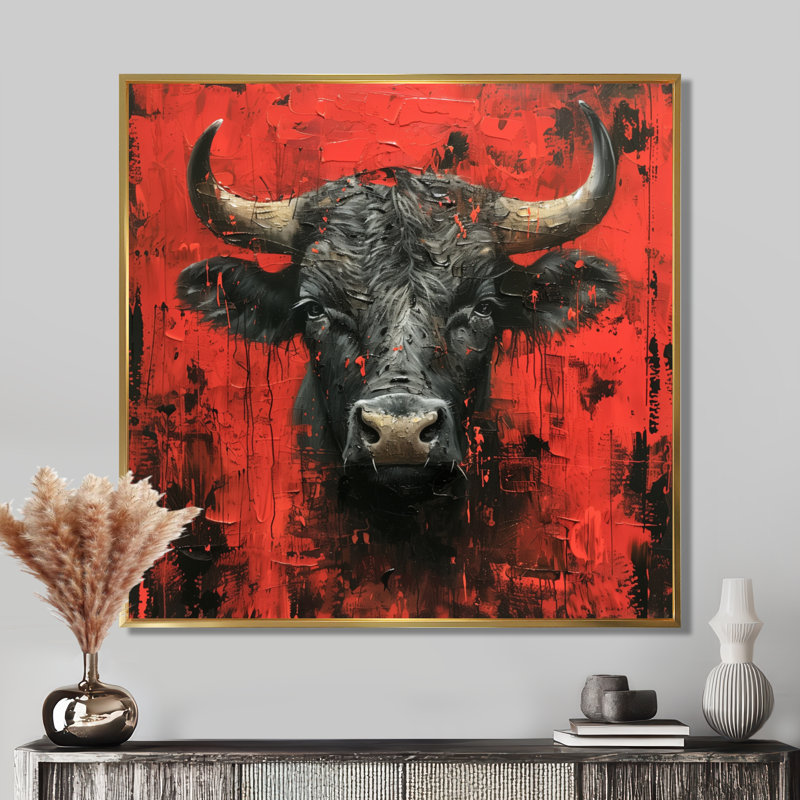 «Red Taurus Astrology Bulls Resolve», reproduction d'art mural animal, Black Picture Framed, 36" H x 36" W