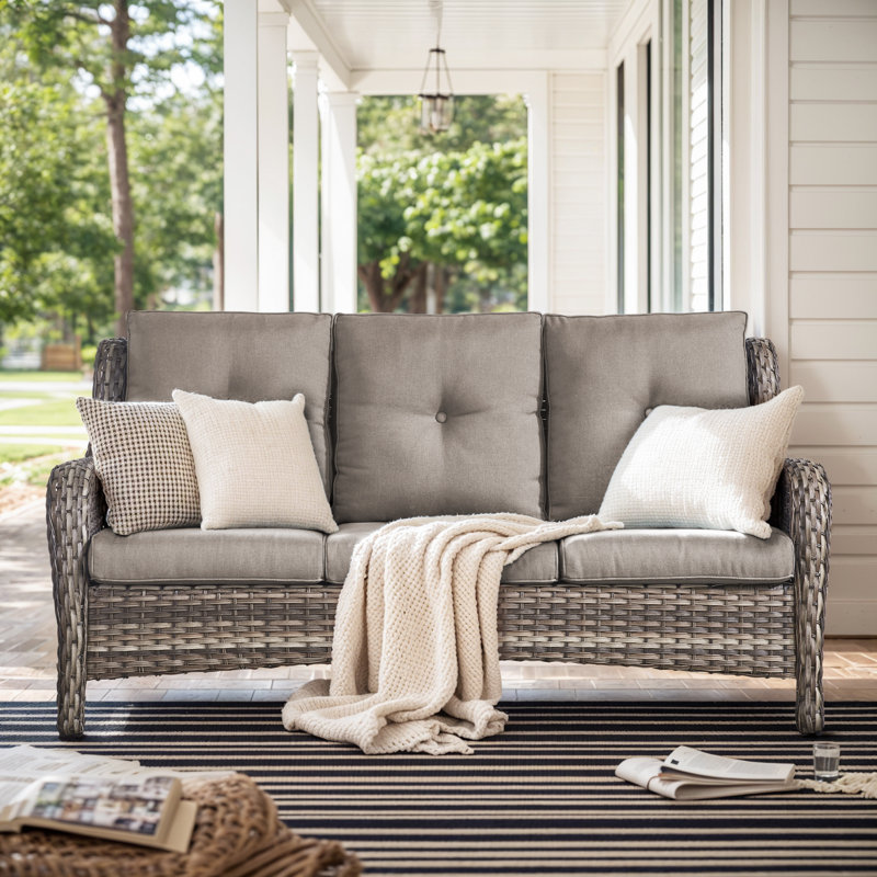 Canapé d'extérieur durable 3 places avec coussins en oléfine Wendye, Gris, Gris