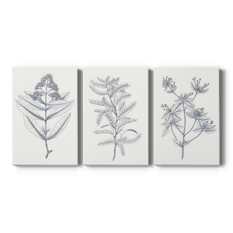 Indigo Botany Study I - Toile tendue avec châssis sur mesure - 3 pièces, H 36 po x l 72 po