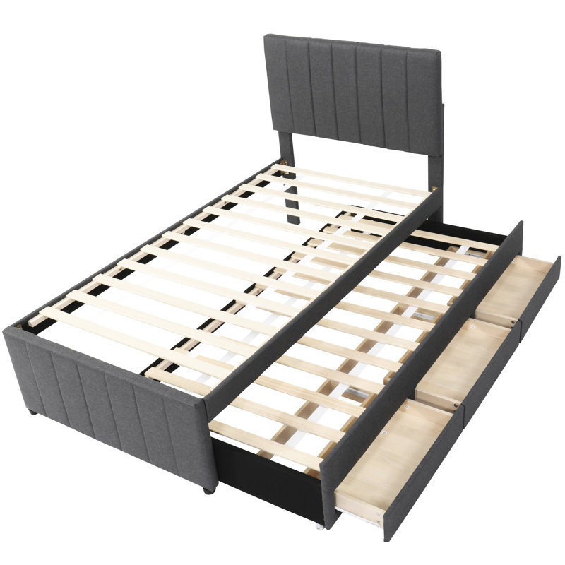 Lit plateforme simple tapissier avec lit gigogne et 3 tiroirs fonctionnels en lin gris