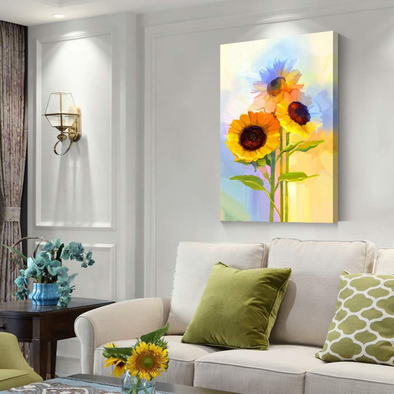 Tournesol jaune vif tournesol - aquarelle lumineuse florale grand art mural, Toile tendue, H 24 po x l 16 po