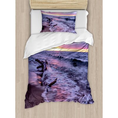 Driftwood Beach Landscape Wavy Sea and Cloudy Sky at Sunset Digital Image Duvet Cover Set -  Ambesonne, nev_22828_twin