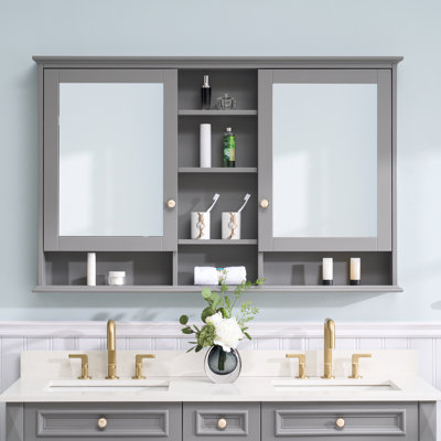 55'' W X 35'' H Wall  Surface Mounted Bathroom Solid Wood Medicine Cabinet With Mirror And Shelves