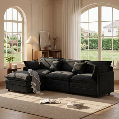  105" Chenille L-shaped Modular with Ottoman,3-Seater Cloud Couch with Upholstered & Pillow, Comfy Sleeper Sofa for Living Room, Bedroom, Office, Apartment, Easy Assembly