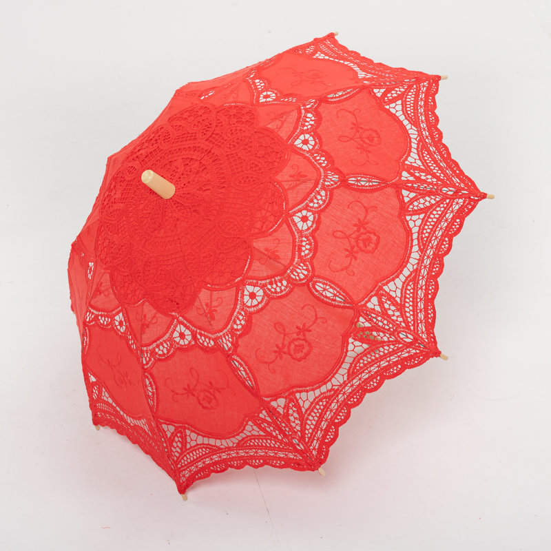 Parasol en dentelle avec poignée en bois, Rouge