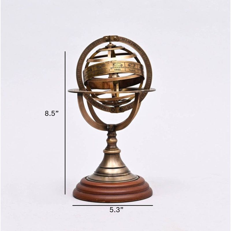 Decorative Brass Armillary Sphere with Wood Base for Desk or Shelf Display