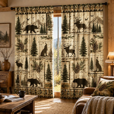 2Pcs Rustic Forest Animal Print Sun Blocking Curtains, Vintage Wildlife Theme, Woodland Nature Scene Printed Art Ring Top, Decorative Window for Living Room Farmhouse for Home Dector