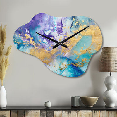 Turquoise and Purple Liquid Art IV - Fractals Cloud Metal Wall Clock, Modern Asymmetrical Wall Clock Print