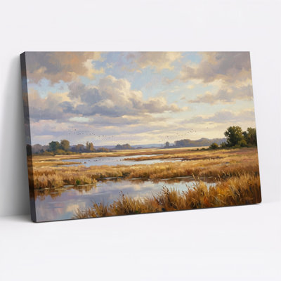 Paysage de marais dorés sous un ciel nuageux, tableau sur toile
