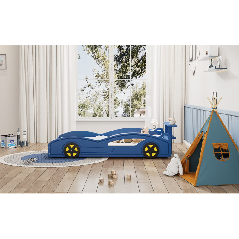 Lit de voiture de course en bois, lit plateforme simple en forme de voiture avec roues pour adolescents, bleu et jaune (ancien SKU: WF310553AAC)
