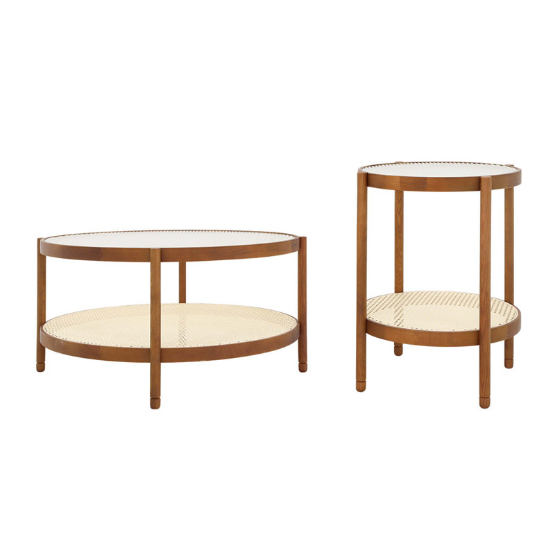 Brown Wooden and Rattan Nesting Coffee Table Set