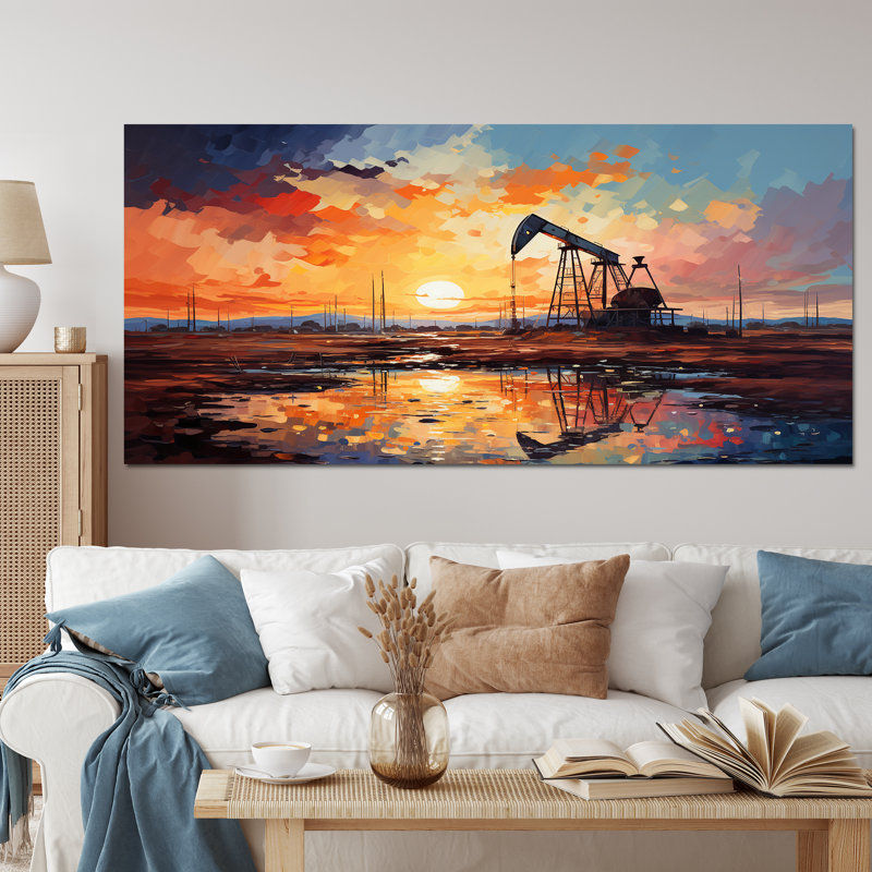 «Orange Oil Rigs Pumpjack In Texas II», art mural «Oil Rigs / Fields», Toile tendue, H 28 po x l 60 po x P 1,5 po