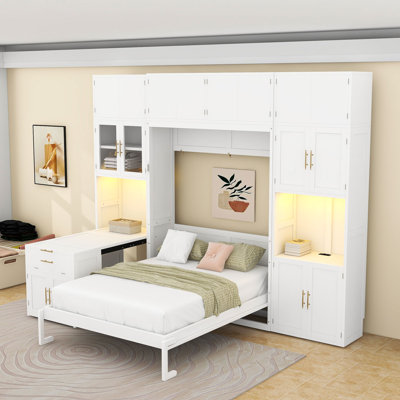 Lit double escamotable avec bureau intégré, armoires, lumières DEL et station de charge