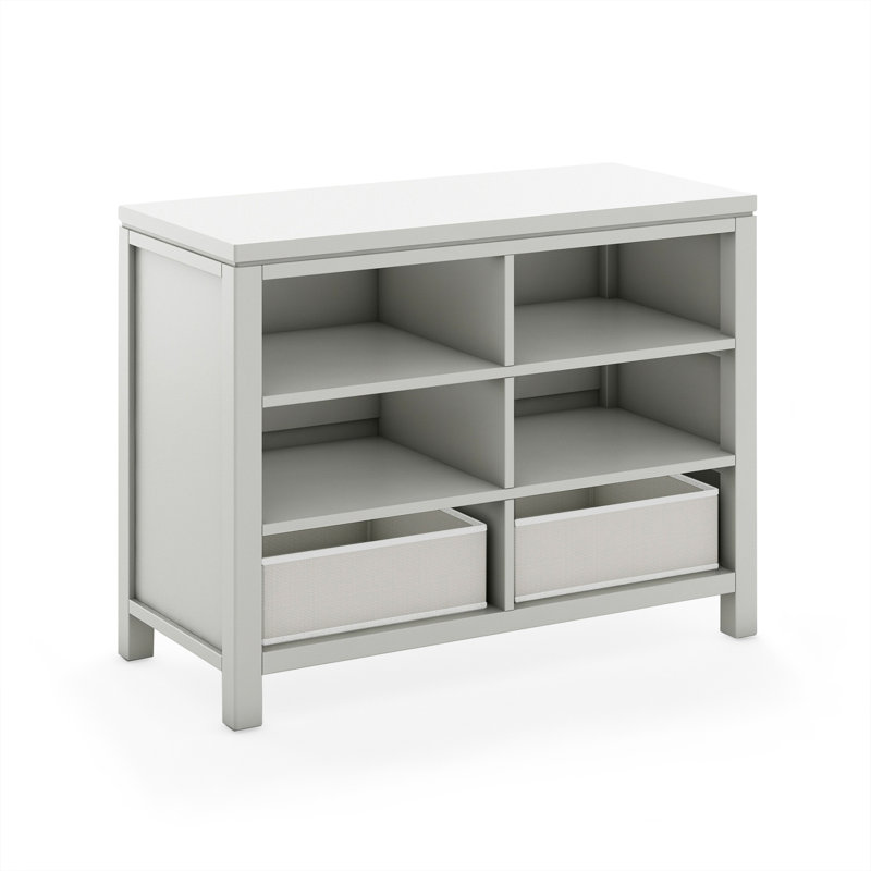 Gray Wooden Kids Double Open Art Storage with Fabric Bins