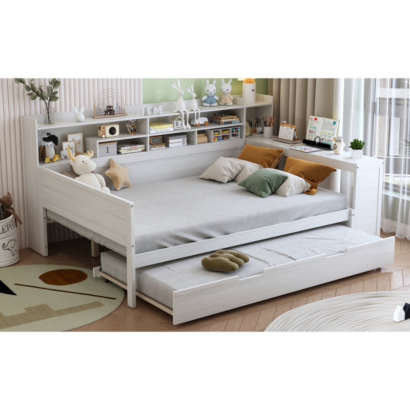 Lit de jour double en bois avec tablettes de rangement, lit multifonctionnel avec lit gigogne simple et bureau d'étude, blanc antique (OLD SKU: N733S242277K)