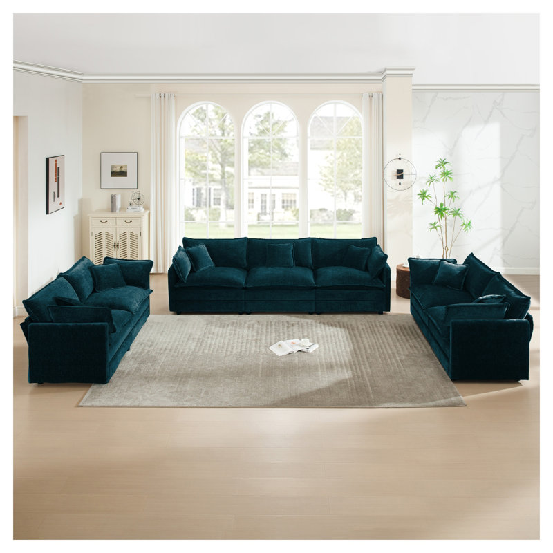 Ensemble de canapé modulaire en chenille bleu 3 pièces, canapé modulaire surdimensionné et confortable