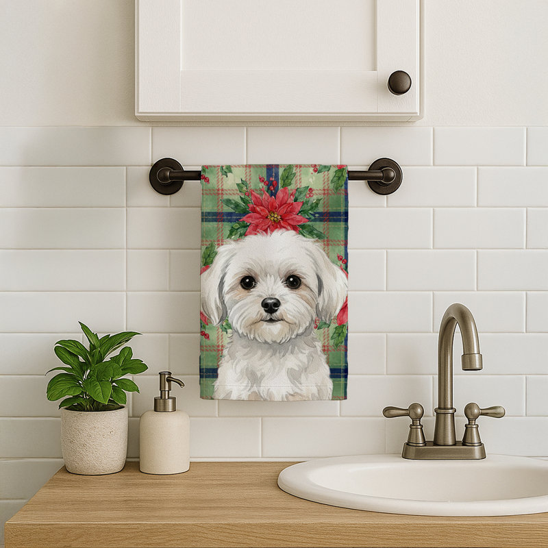 Maltese Christmas PoinsettIas Kitchen Towel, White Maltese