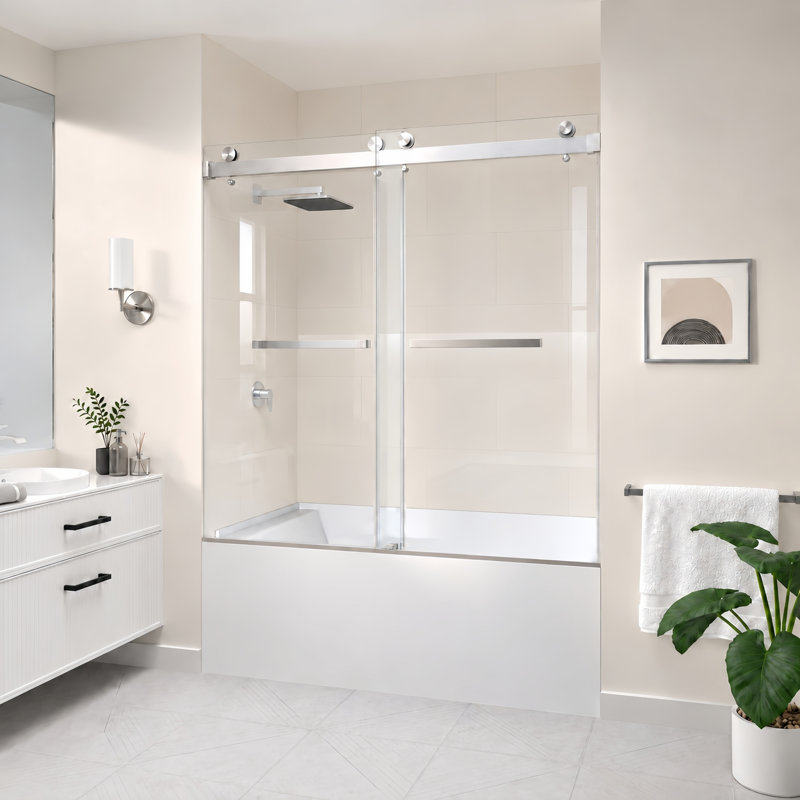 Catalyst 56"- 61" W x 60" H Double Sliding Frameless Shower Tub Door in Brushed Nickel with 3/8" Clear Glass, Brushed Nickel