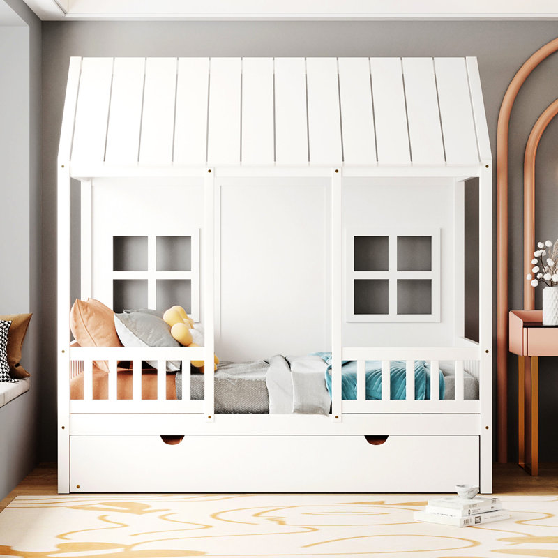 Twin Size Wood House Bed With White Trundle - Bedroom Furniture Wooden Daybed Functional Piece