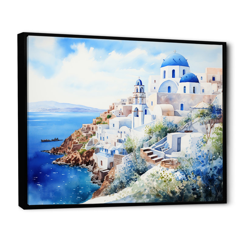 Art mural bleu et blanc Santorini II - Grèce, Cadre flottant noir, H 34 po x l 44 po x P 1,5 po